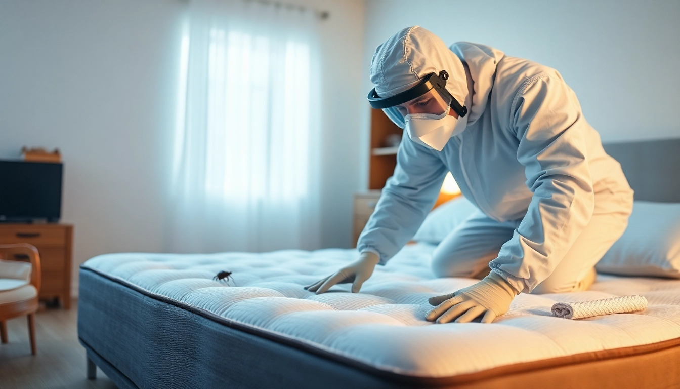 Bed bug exterminator inspecting a mattress for pests with professional tools.