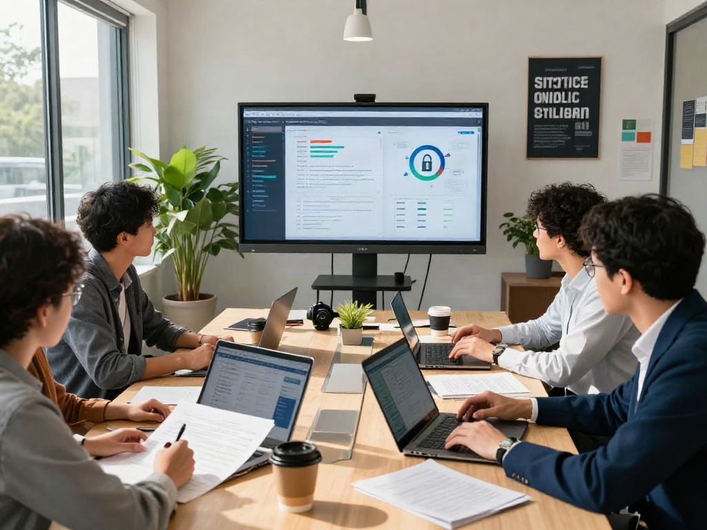 Team collaborating on a document fraud detection solution in a modern office, showcasing analysis and strategy.