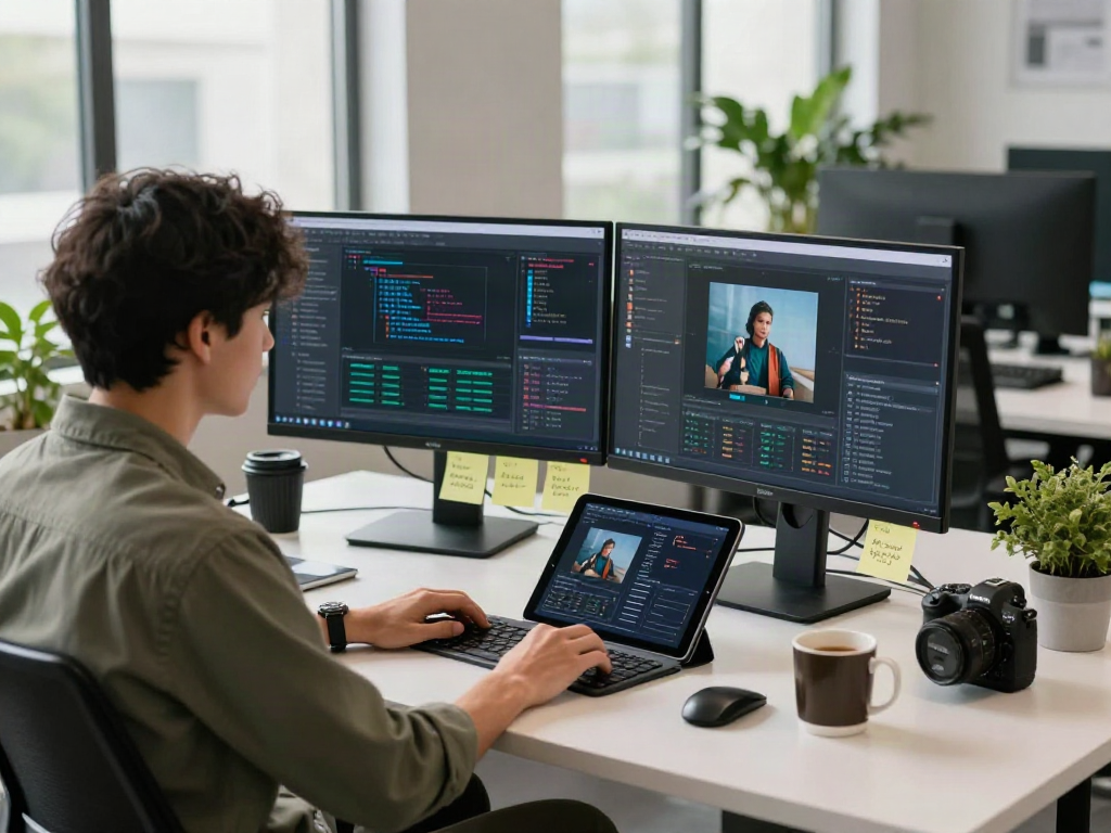 Data analyst examining AI image detection algorithms in a modern workspace.