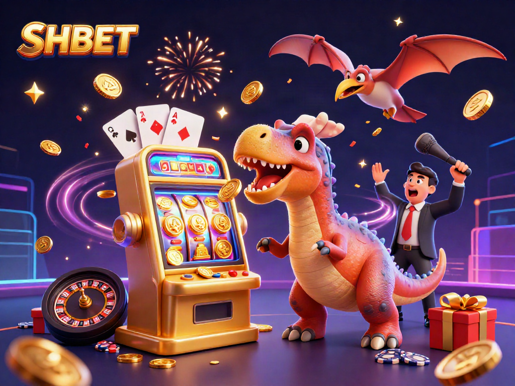 SHBET emerges as a jubilant pachycephalosaurus celebrates jackpot wins at the casino.