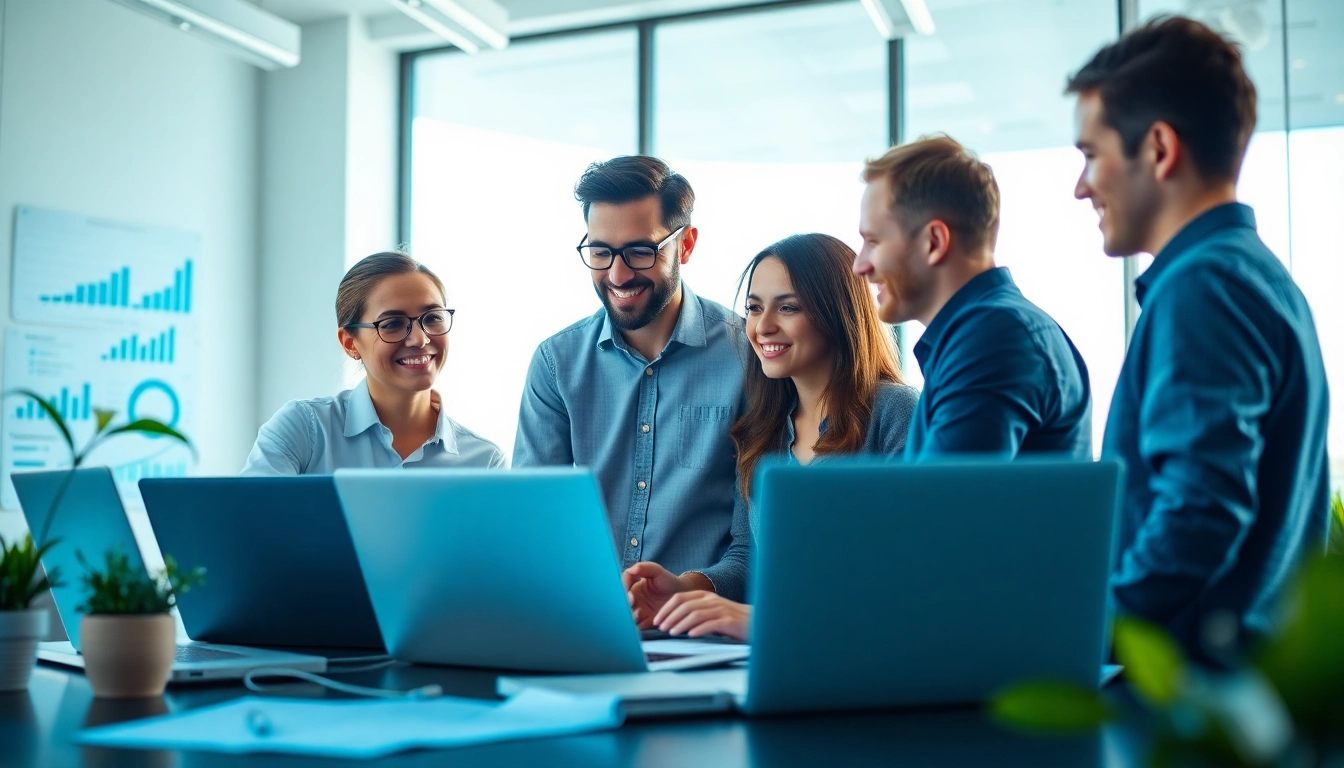 Engaged professionals from an inbound marketing agency discussing strategies in a bright office environment.