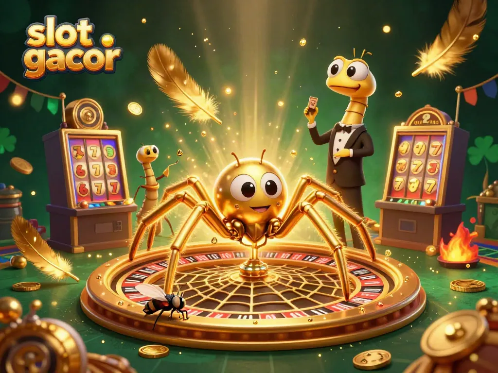 Slot gacor: ilustrasi 3D spiderman emas dan agen centipede di dalam kasino dengan detail slot dan koin emas.