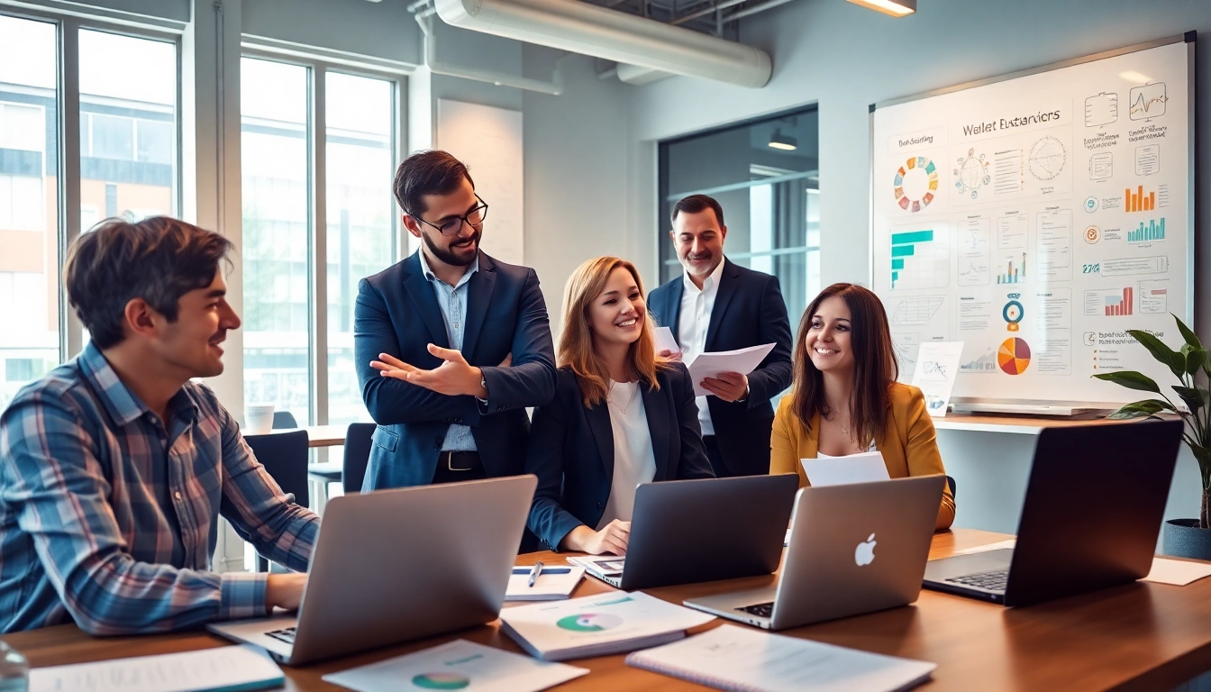 Marketing manager leading a team discussion in a bright office environment.