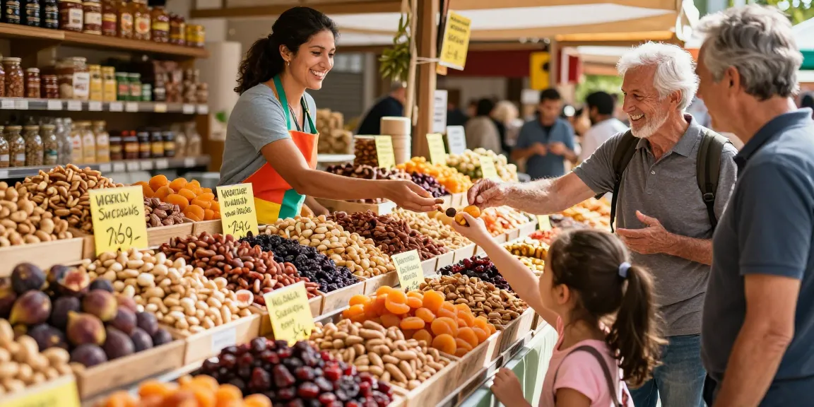 Delicious mixed nuts and dried fruits at a vibrant market with M98 ฝาก-ถอน signage, showcasing freshness and variety.