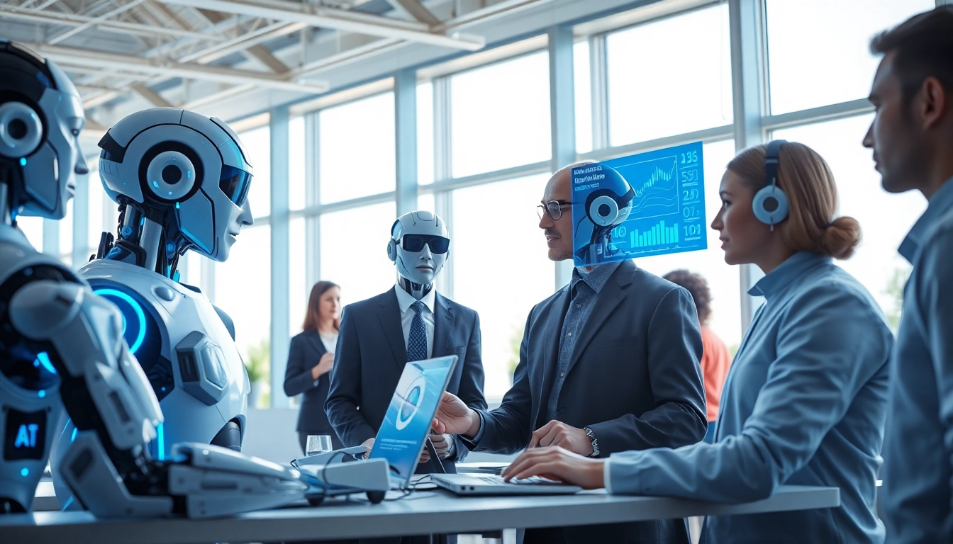 Engaging scene with AI bots assisting humans in a modern workspace, illustrating Ai Bots interaction.