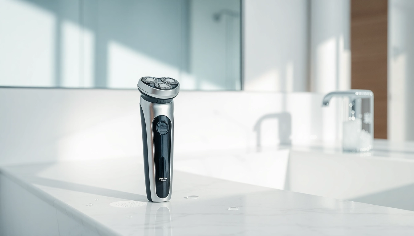 Men using electric shaver for close shave in a bright bathroom setting.