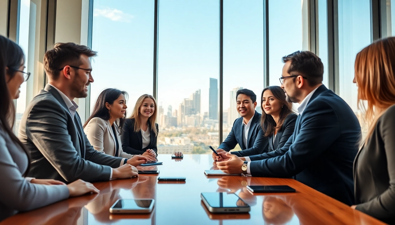 Business mobile providers UK facilitate collaboration among professionals in a modern office.