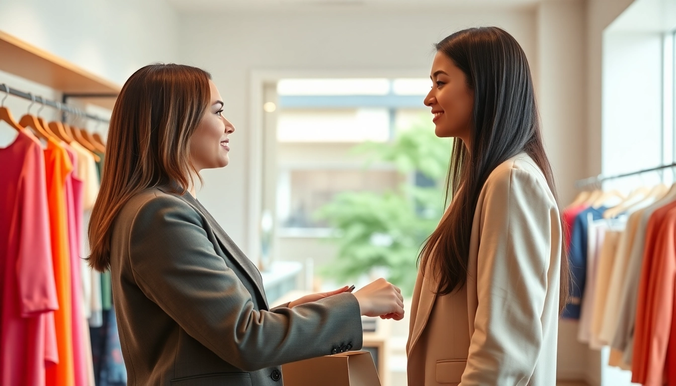 Offrendo servizi di Personal shopping a un cliente, un professionista in una boutique elegante.