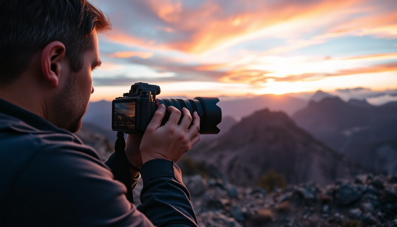 Fotograaf vastleggend op zoomz.nl een adembenemend landschap met een dramatische zonsondergang.