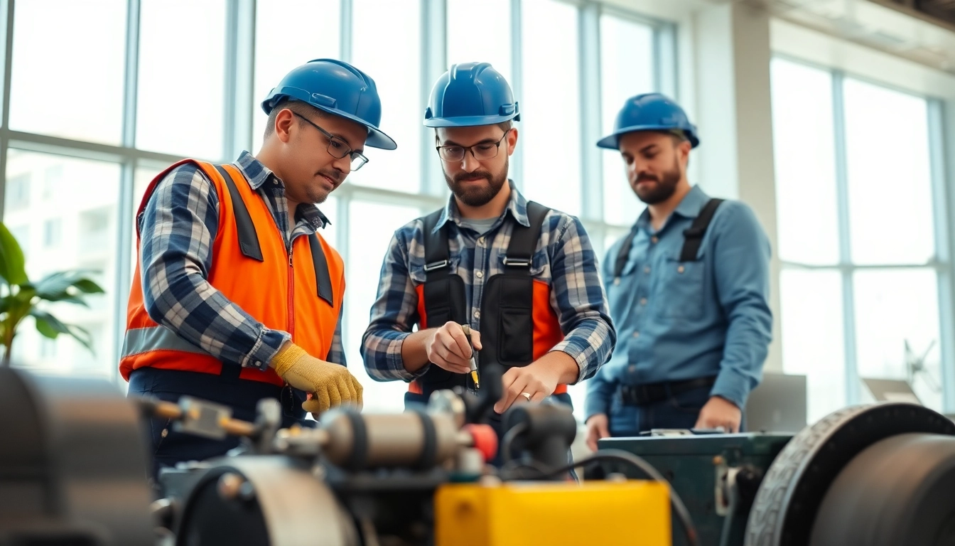 Engaged professionals conducting general building maintenance in a bright office environment.