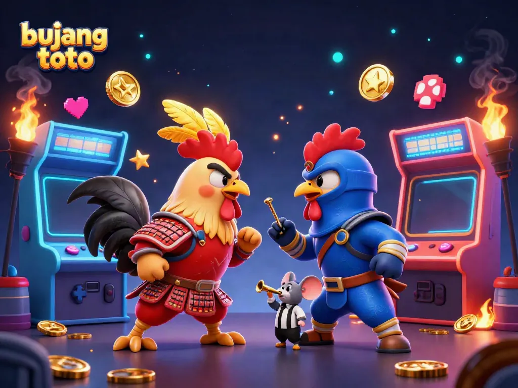 Bujang toto comes alive in a vibrant clash of roosters and arcade elements as they engage in a fierce standoff.