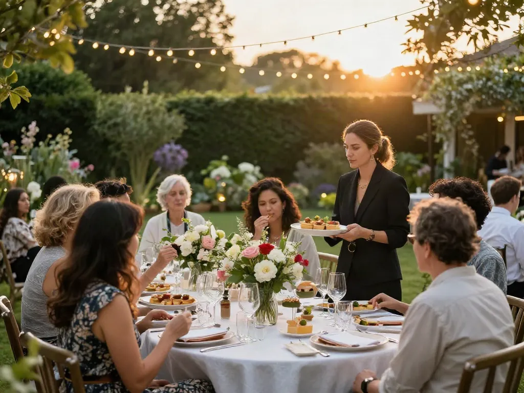 Event rentals featuring an elegant outdoor dining setup in a lush garden during sunset.
