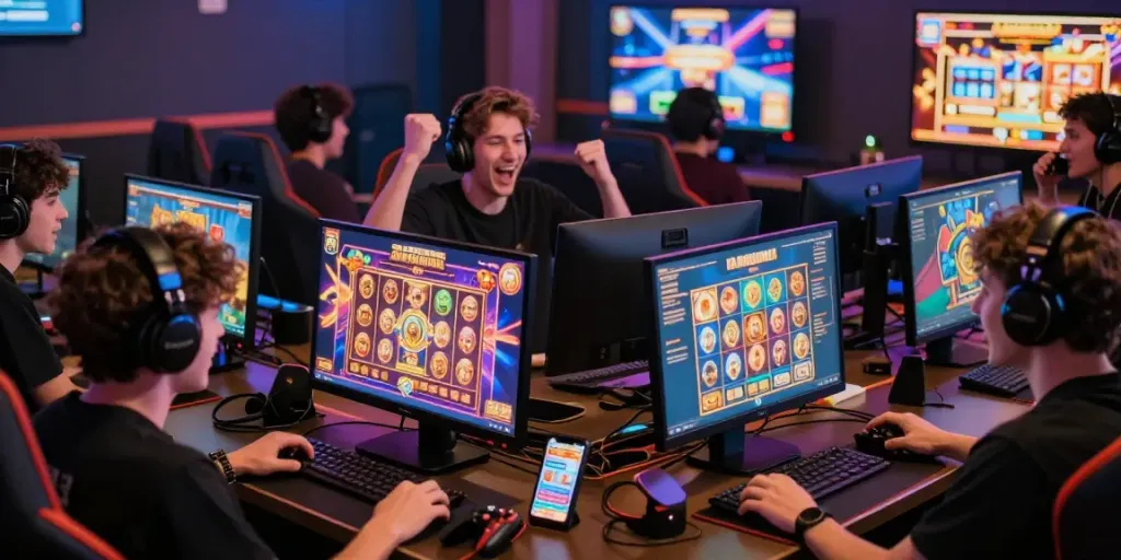 Excited gamers at bos88 immersed in online slot games on various devices, showcasing vibrant graphics and community engagement.