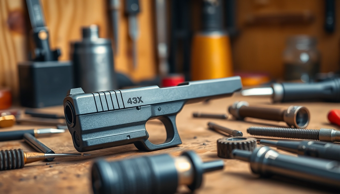 Showcase of oem glock 43x mos slide (stripped) on a workbench surrounded by precision tools.