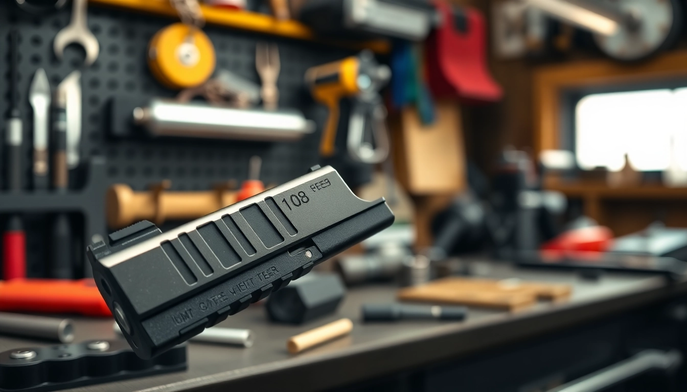 Showcased glock 19 gen 3 slide in a detailed workshop setting highlighting craftsmanship.