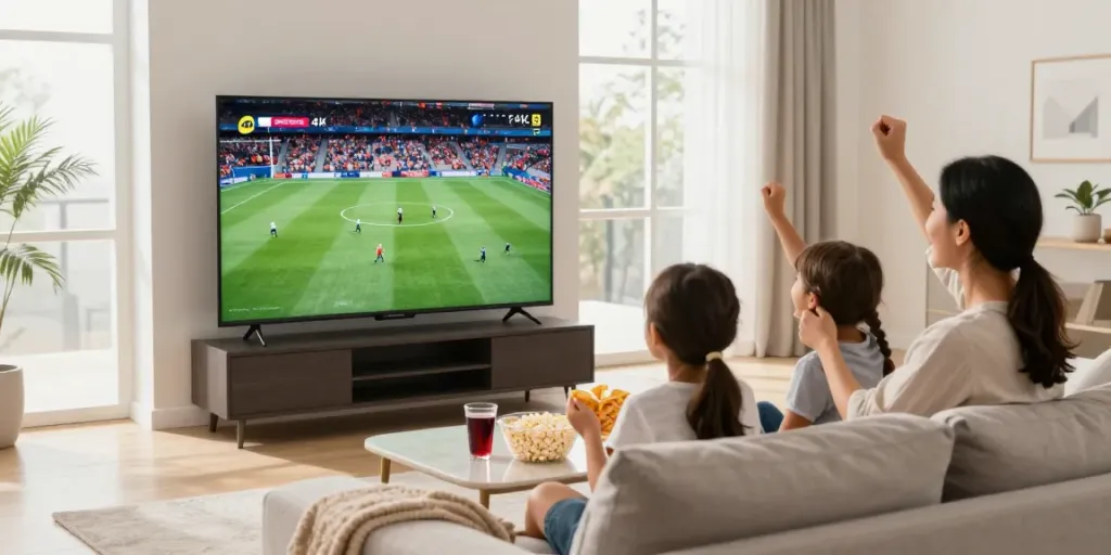 Family enjoying digitaline iptv in a cozy living room while watching sports.