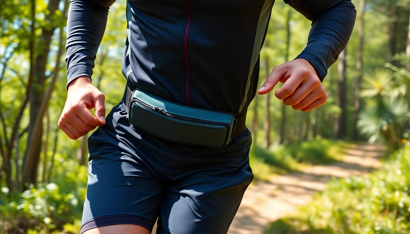 Dynamic runner showcasing running belts with vibrant forest backdrop, highlighting performance.