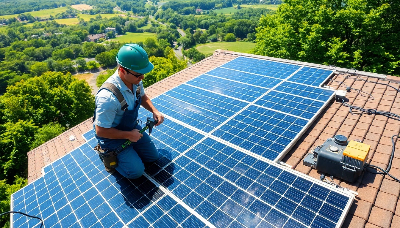 Technician performing solar maintenance New Jersey on rooftop panels ensuring optimal performance.