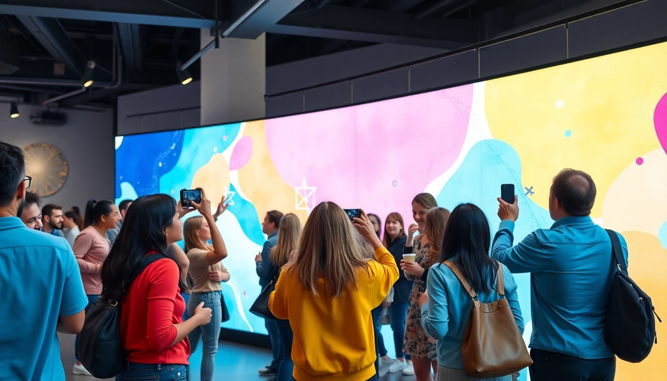 Visitors engaging with an interactive photo wall, capturing memories and creativity.