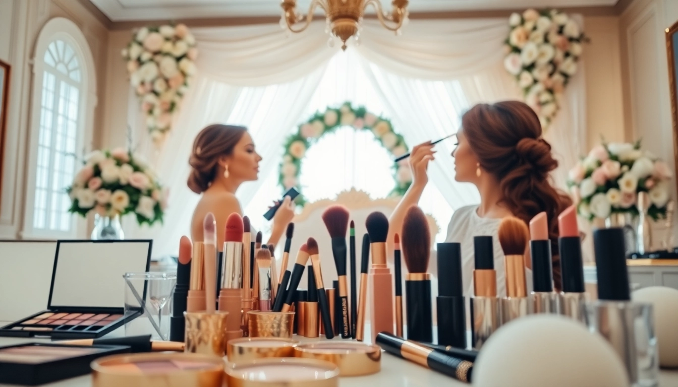 Bridal makeup team Dallas TX expertly applying makeup in a serene wedding venue setting.