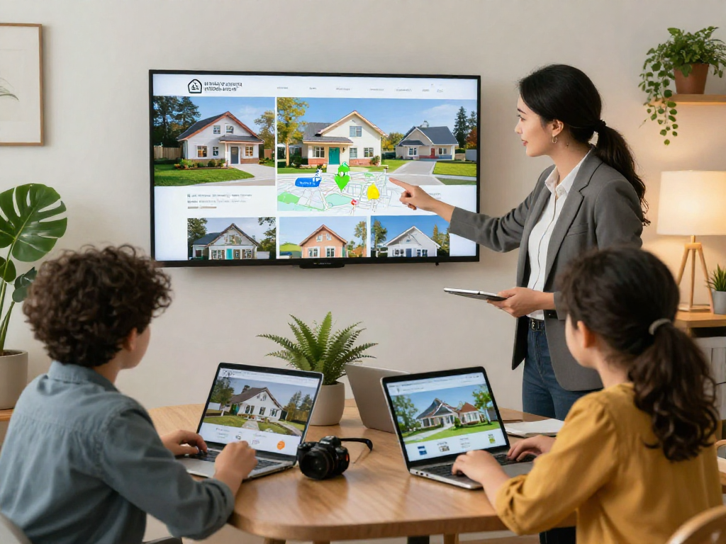 Family exploring rental options on tablets at home and garden rental website https://springshall.org/renting/ with a real estate agent.