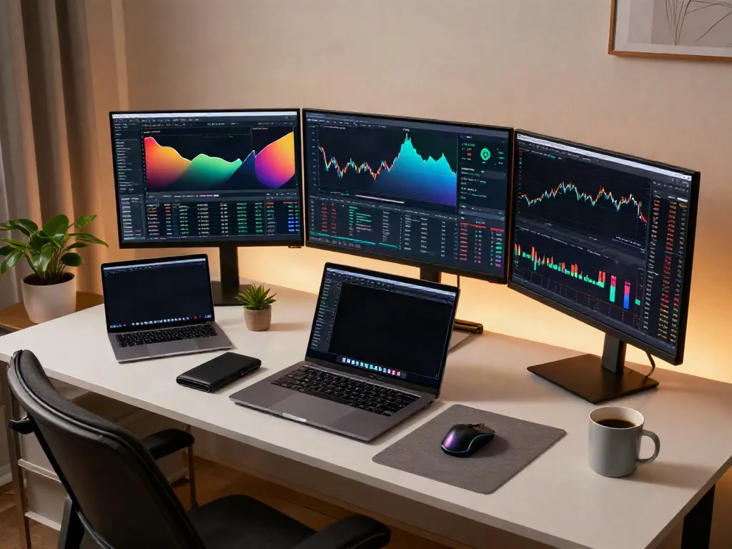 港股API displayed on multiple monitors in a modern cryptocurrency trading workspace, reflecting real-time market data and analysis tools.