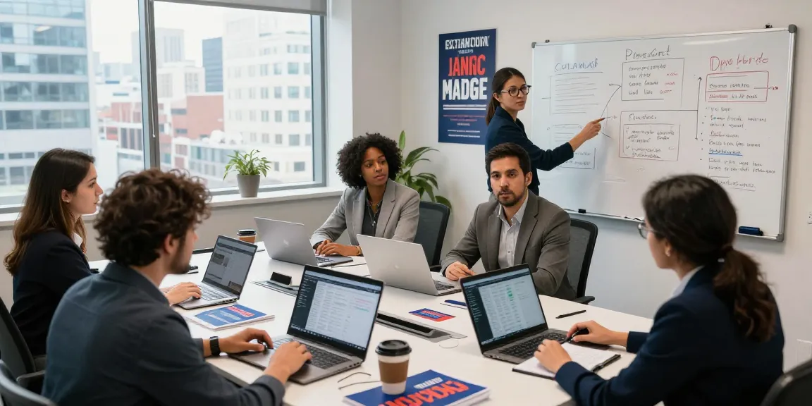 Candidate reputation management strategies showcased by diverse political team analyzing voter data in a collaborative workspace.