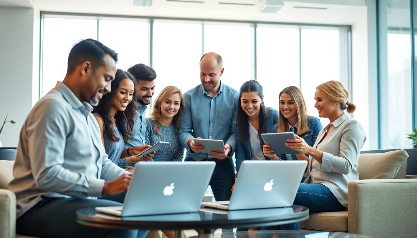 Engaging team brainstorming digital services solutions in a bright office setting.