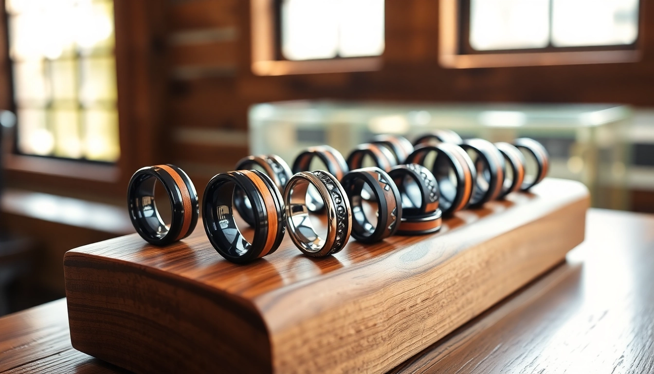 Showcase of elegant wedding bands from Gaboni Jewelers crafted from tungsten carbide and black zirconium.