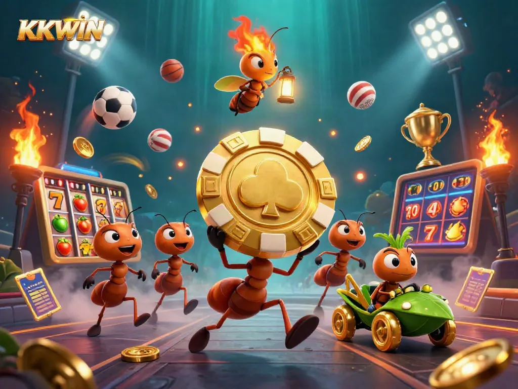 Engaging KKWIN casino scene showcasing ants heisting a giant poker chip amidst vibrant gaming elements.