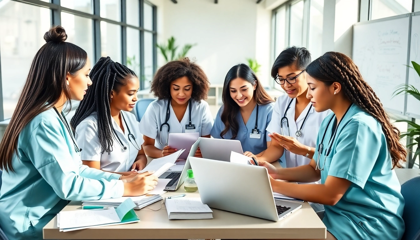Students studying in NCLEX review center Houston TX, showcasing collaboration and a modern learning environment.