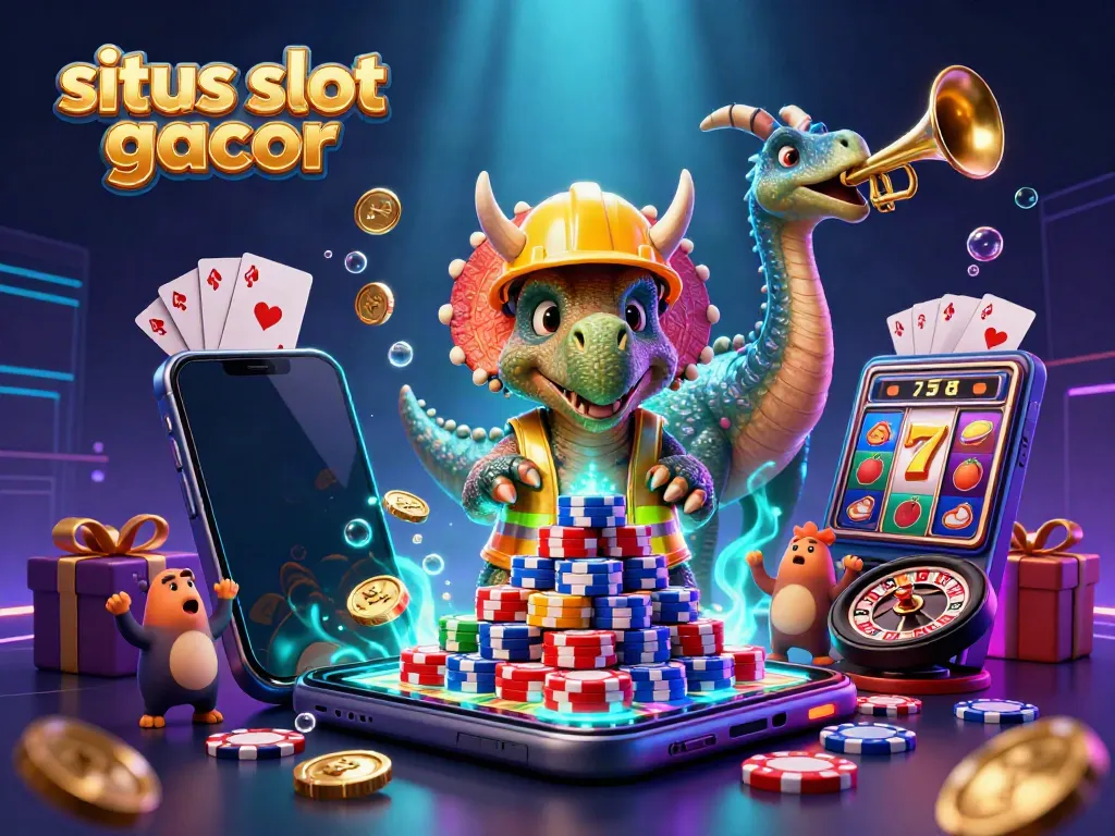 Engage with situs slot gacor in this dynamic 3D scene showcasing a triceratops and colorful slot symbols.