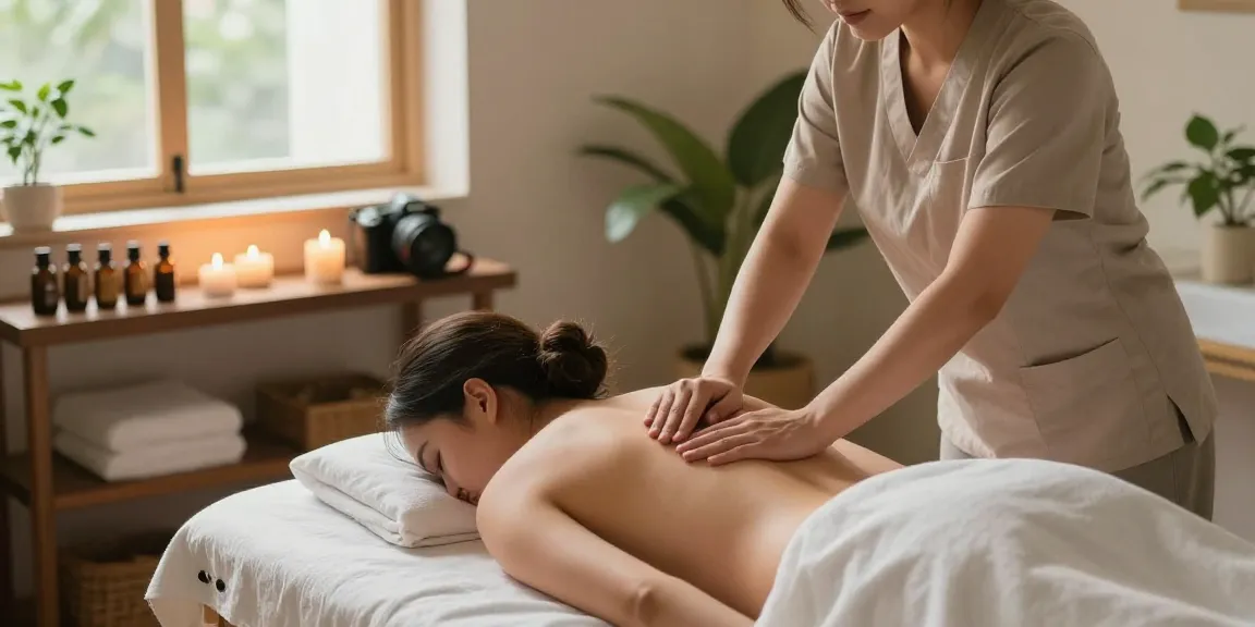 스웨디시 마사지 세션 중, 편안한 마사지 테이블에서 고객에게 마사지를 제공하는 전문가의 모습