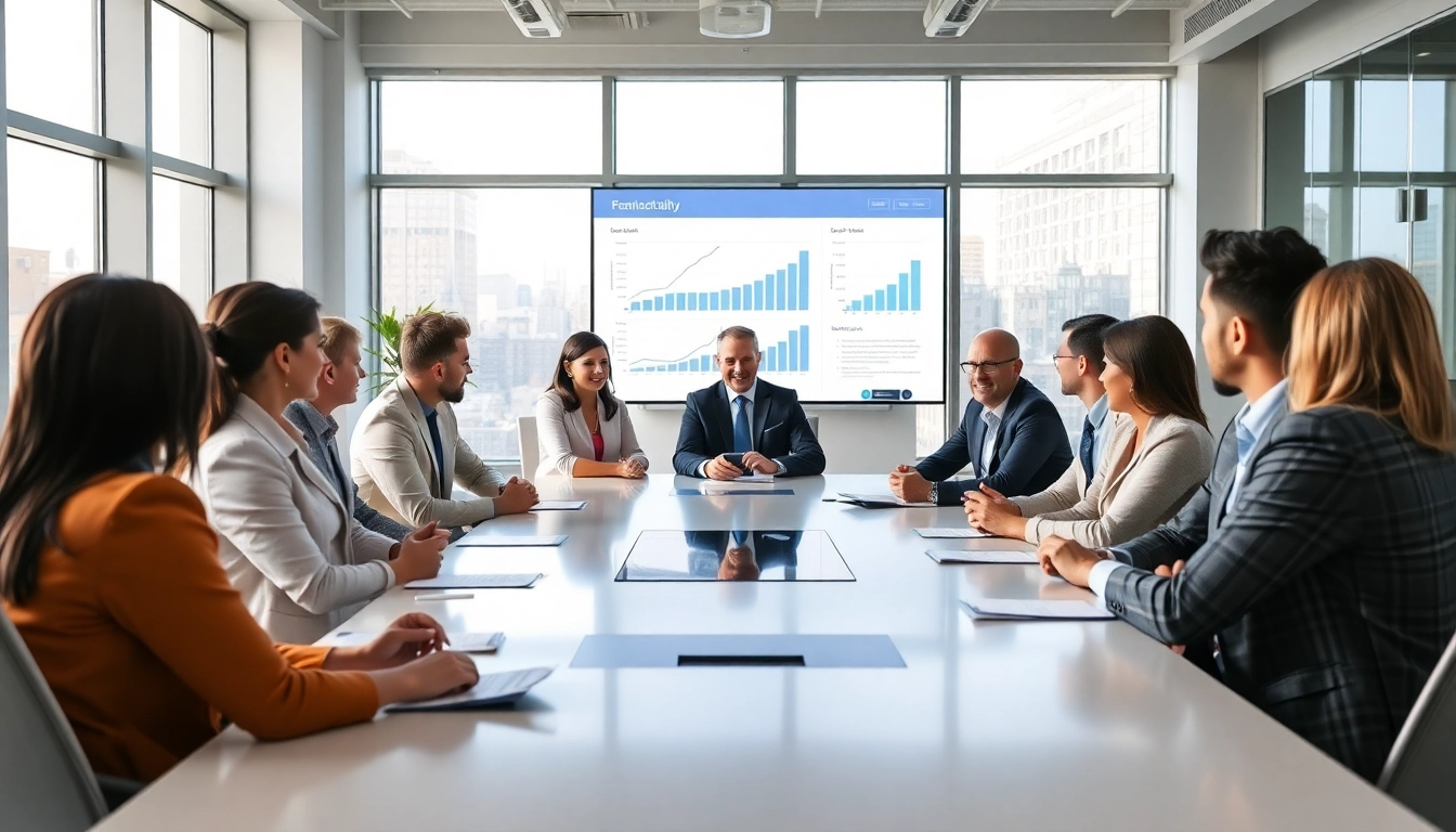 Engaged professionals discussing Federal and State contracts, grants in a modern conference room.