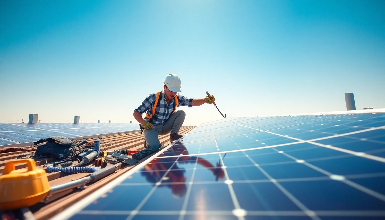 Technician performing emergency solar panel repair with tools on rooftop.