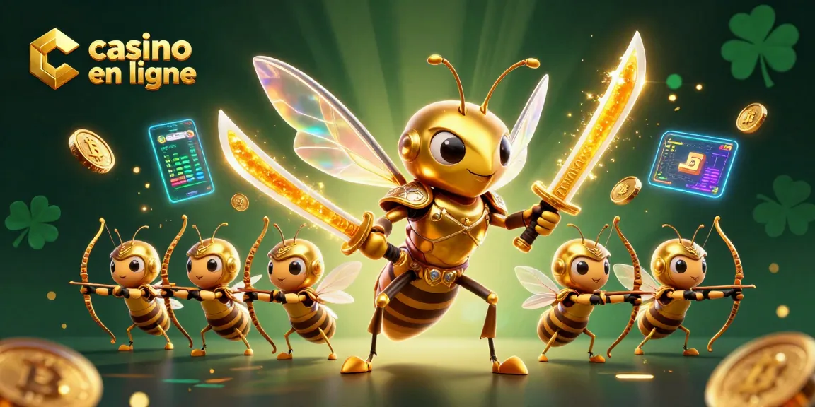 Jouez sur casino en ligne avec une scène dynamique de guerre entre abeilles | en samouraï entourées de pièces crypto lumineuses.