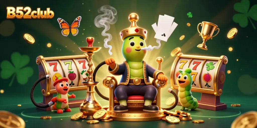 B32club showcases vibrant gambling action with a lively 3D caterpillar character in a dynamic casino scene.