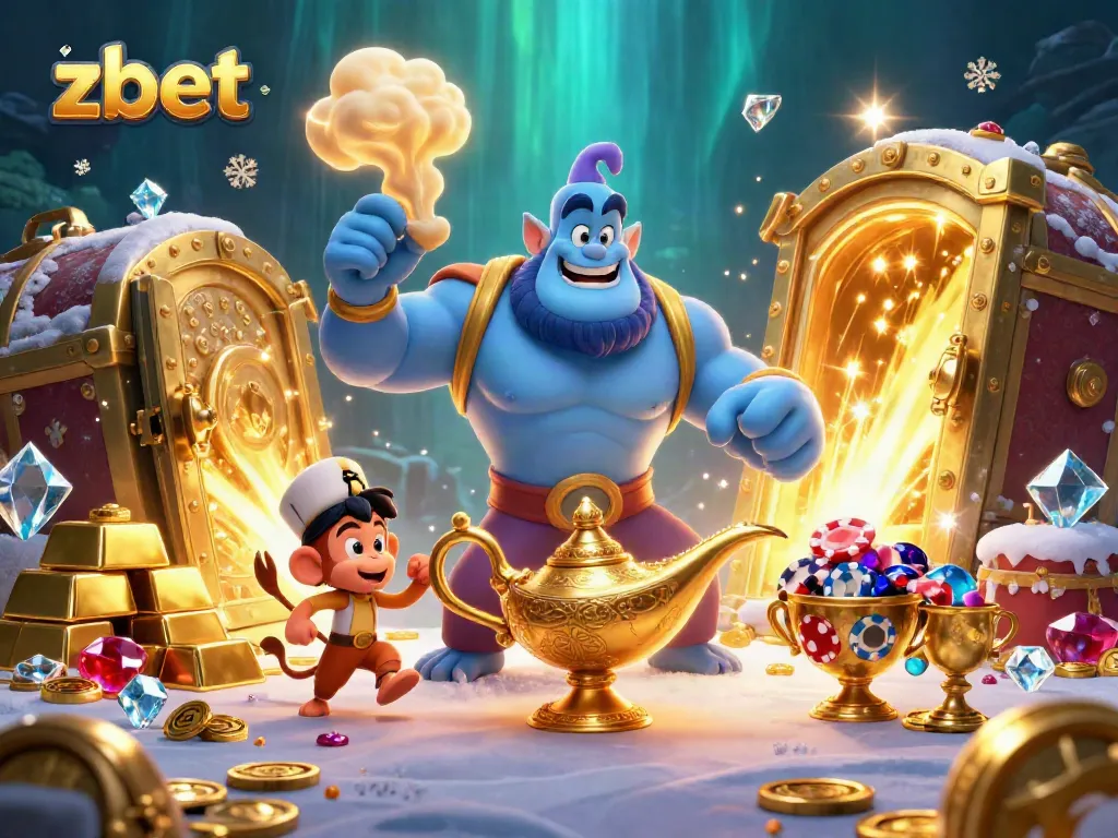 Zbet generates excitement with a dynamic scene featuring a blue genie, treasure vault, and poker chips.
