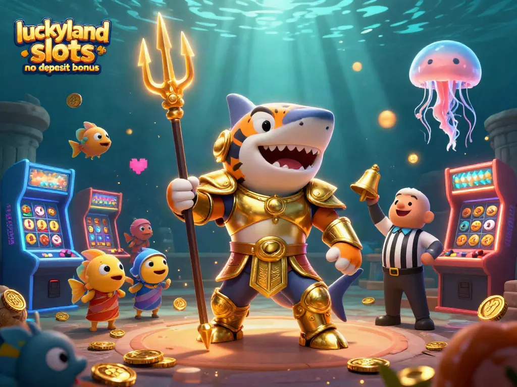 Experience the action in luckyland slots no deposit bonus with a fierce shark warrior in a vibrant underwater scene.