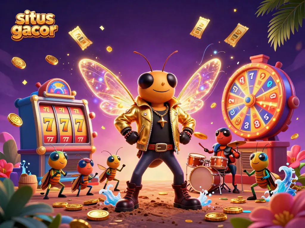 Engage with situs slot gacor in a lively scene showcasing a cicada rock star, vibrant slot elements, and animated golden coins.