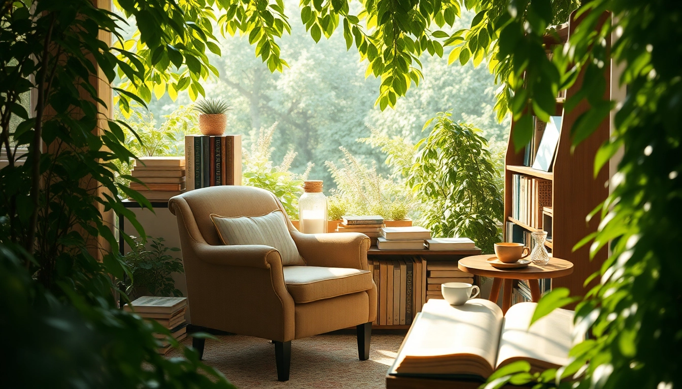 Beleef de verhalen op eeuwigheid.nl in een serene leeshoek vol boeken, rust en natuur.
