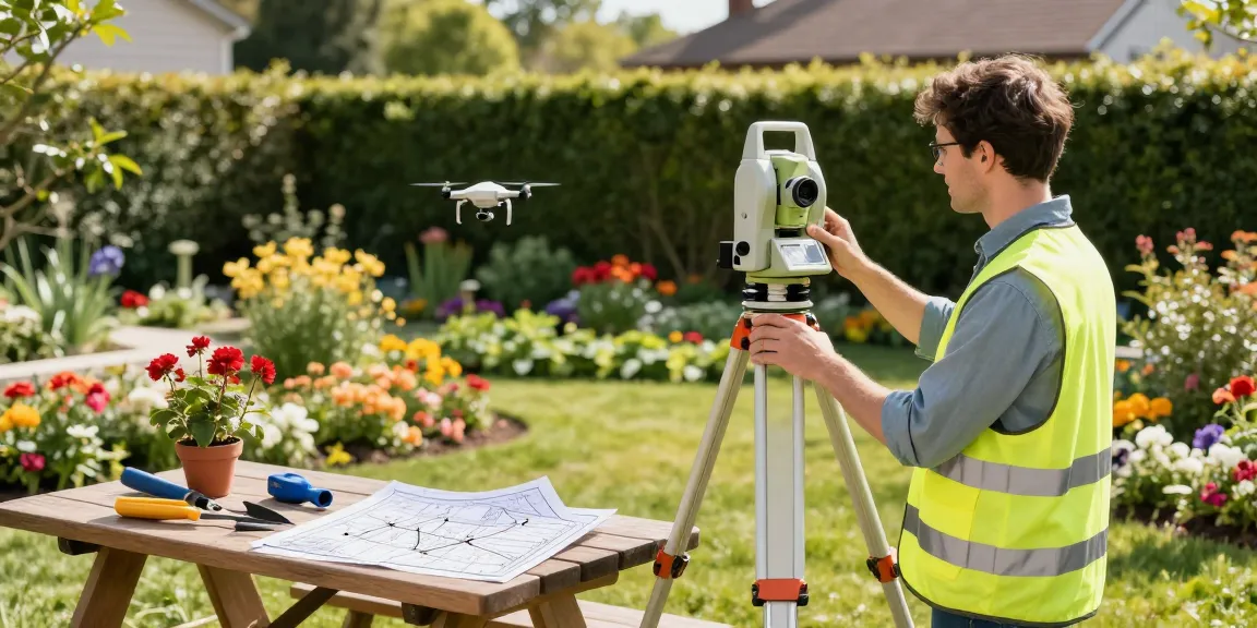Garden land survey with a professional surveyor measuring a residential garden using modern equipment in a vibrant outdoor setting.