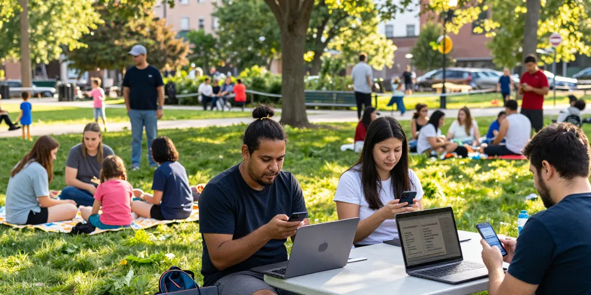 People connecting through local classifieds on BedPersonal in a vibrant park.