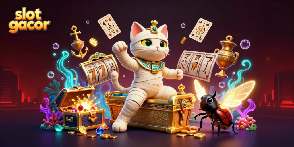 Experience the excitement of slot gacor with a captivating illustration of a mummy cat in a pyramid casino.