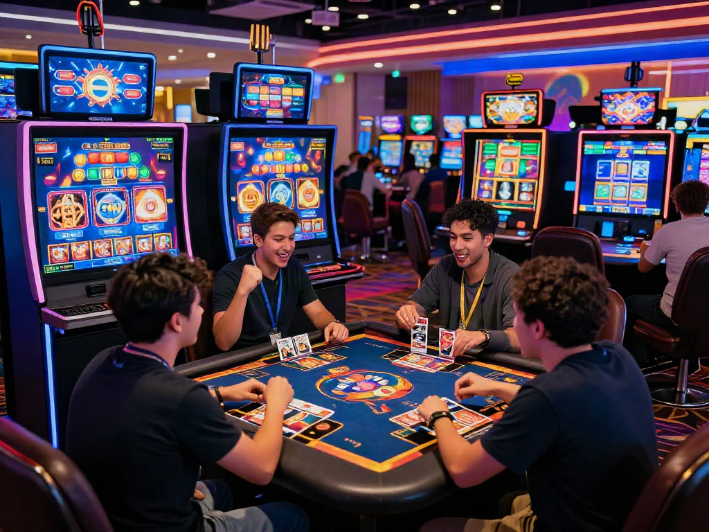 Players immersed in kebuntoto online gaming, celebrating wins in a vibrant virtual casino atmosphere.