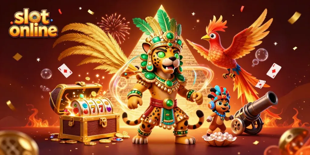 Spin slot online reels with a Mayan jaguar priest, gold coins, and dynamic casino elements.